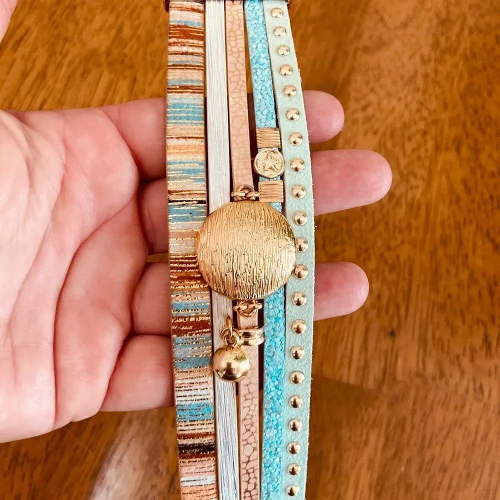 Boho Chic Multi-Layered Bracelet Teal Gold Studded Stripe Charm Bling Jewelry